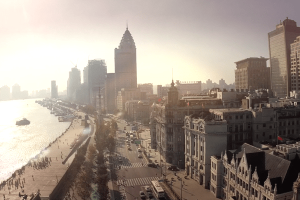 Aerial view of Three on the Bund and the Huangpu River, Shanghai