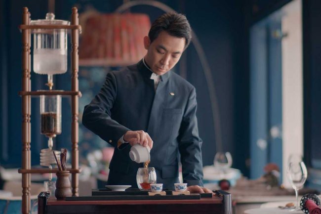 Split screen frame from the Mandarin Oriental Hong Kong film, Man Wah and The Aubrey