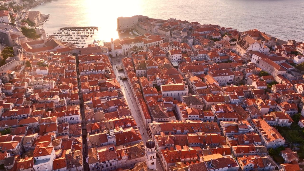 Aerial film of the Hilton Imperial and the walled old town of Dubrovnik, Croatia